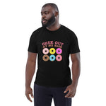 Man wearing a black t-shirt with a graphic design on a white background