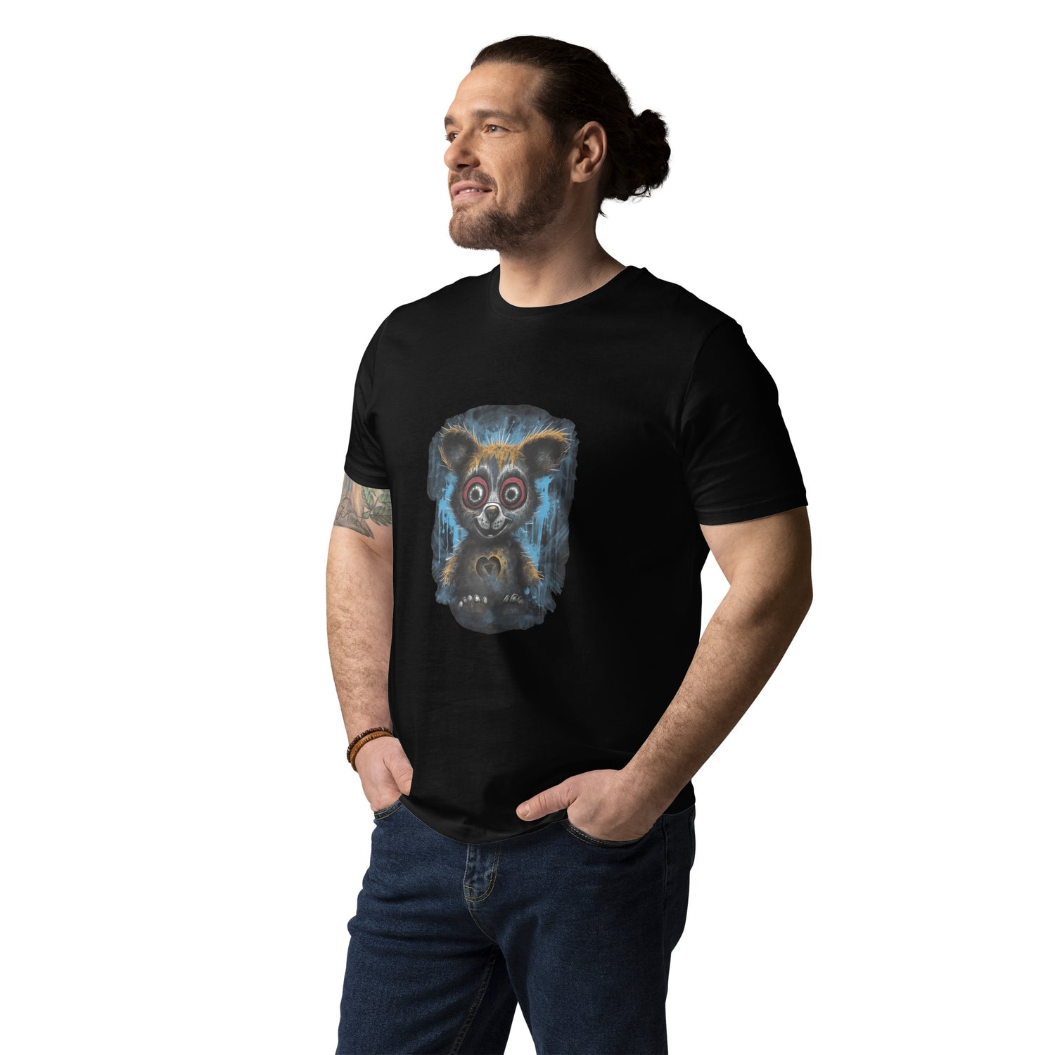 Man wearing a black t-shirt with a colorful skull design on a white background