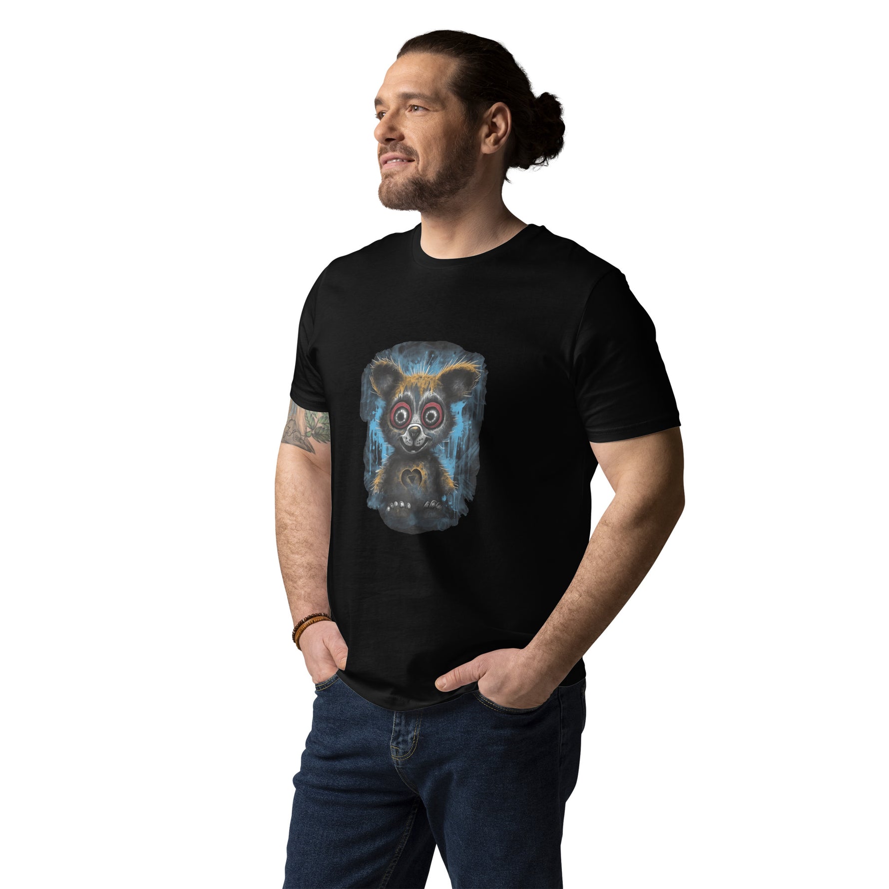 Man wearing a black t-shirt with a colorful skull design on a white background