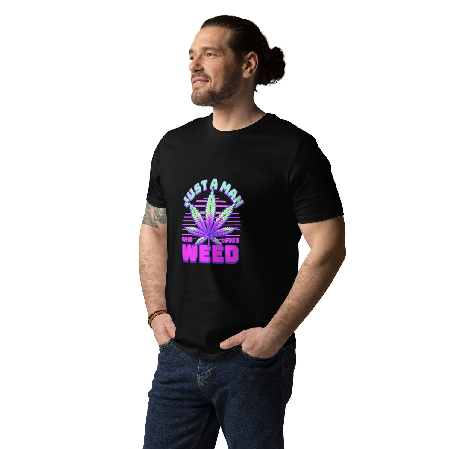 Man wearing a black t-shirt with a colorful graphic design on a white background