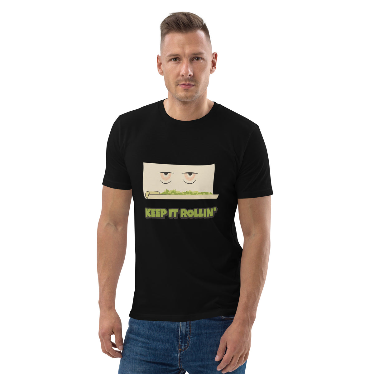 Man wearing a black t-shirt with a graphic design and text on a white background