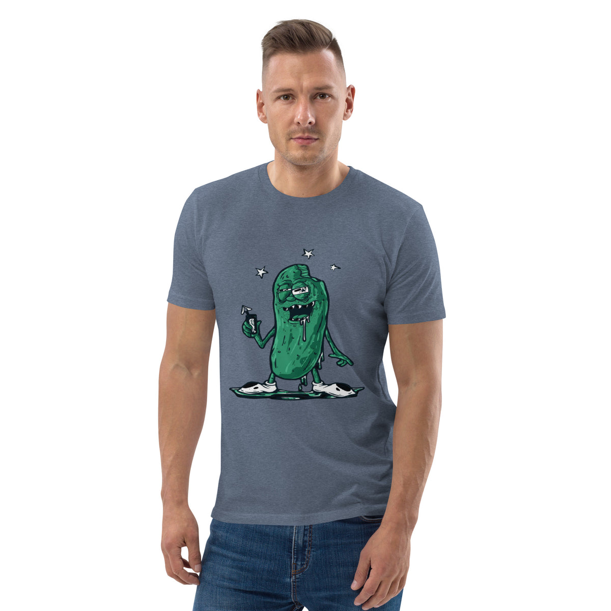 Man wearing a blue t-shirt with a pickle graphic design on a white background