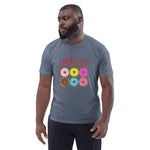 Man wearing a gray t-shirt with colorful donut graphics and text on a white background