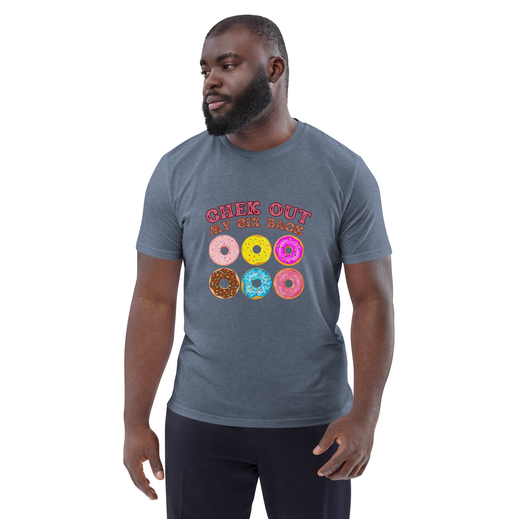 Man wearing a gray t-shirt with colorful donut graphics and text on a white background