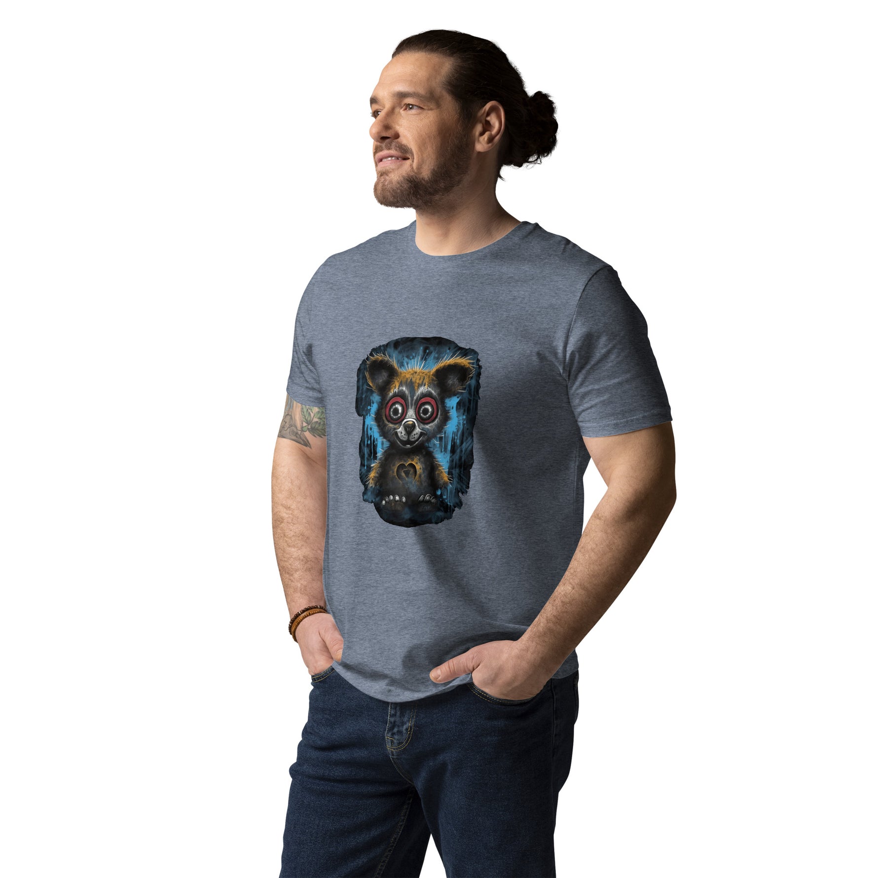 Man wearing a gray t-shirt with a bear graphic on a white background