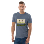 Man wearing a blue t-shirt with a graphic design and text on a white background