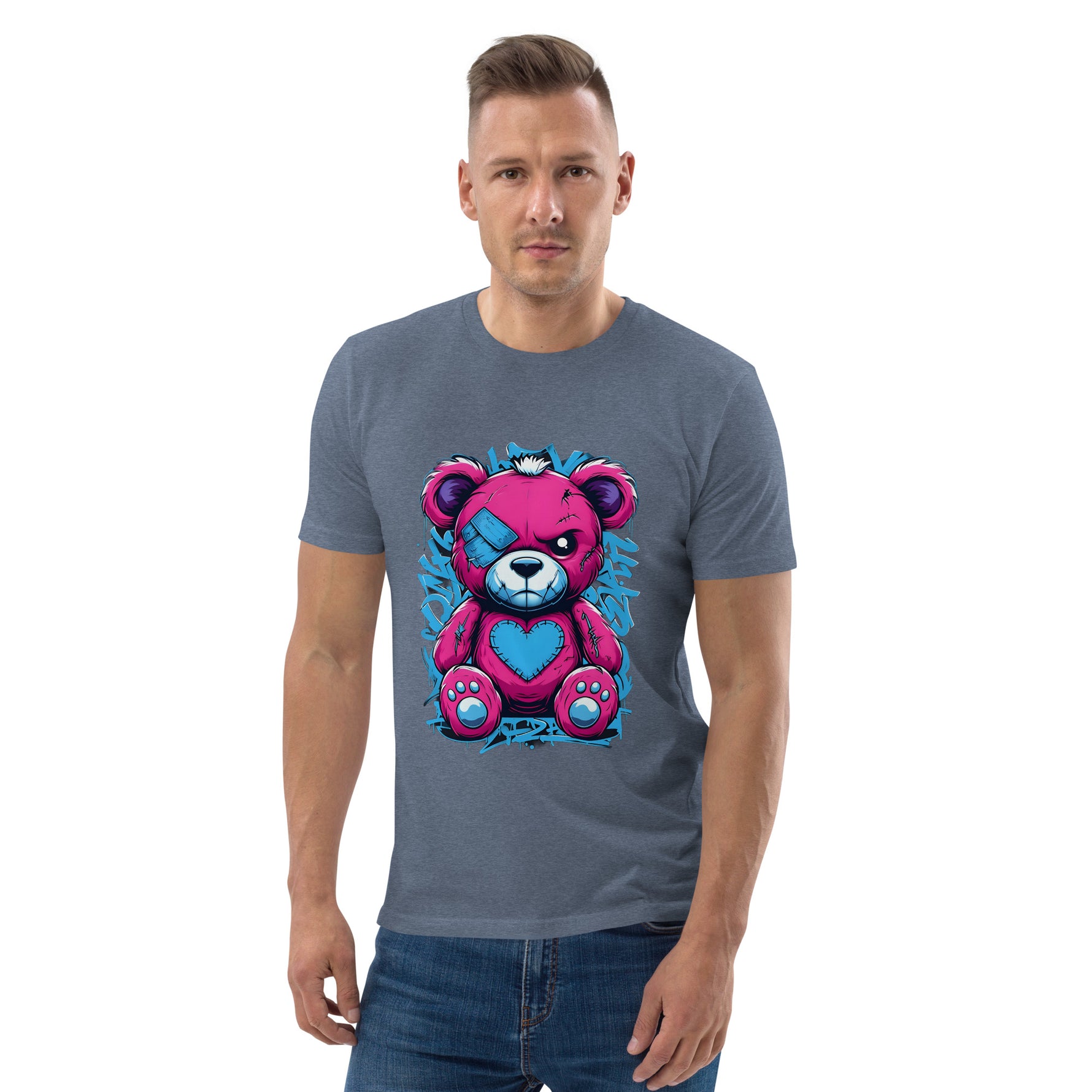 Man wearing a gray t-shirt with a colorful bear graphic on a white background