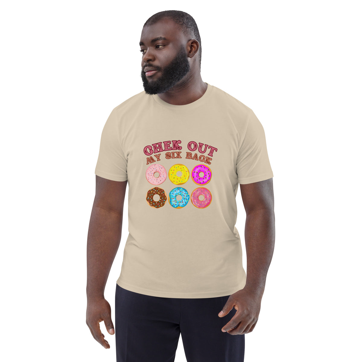 Man wearing a beige t-shirt with fishing graphic and text on a white background