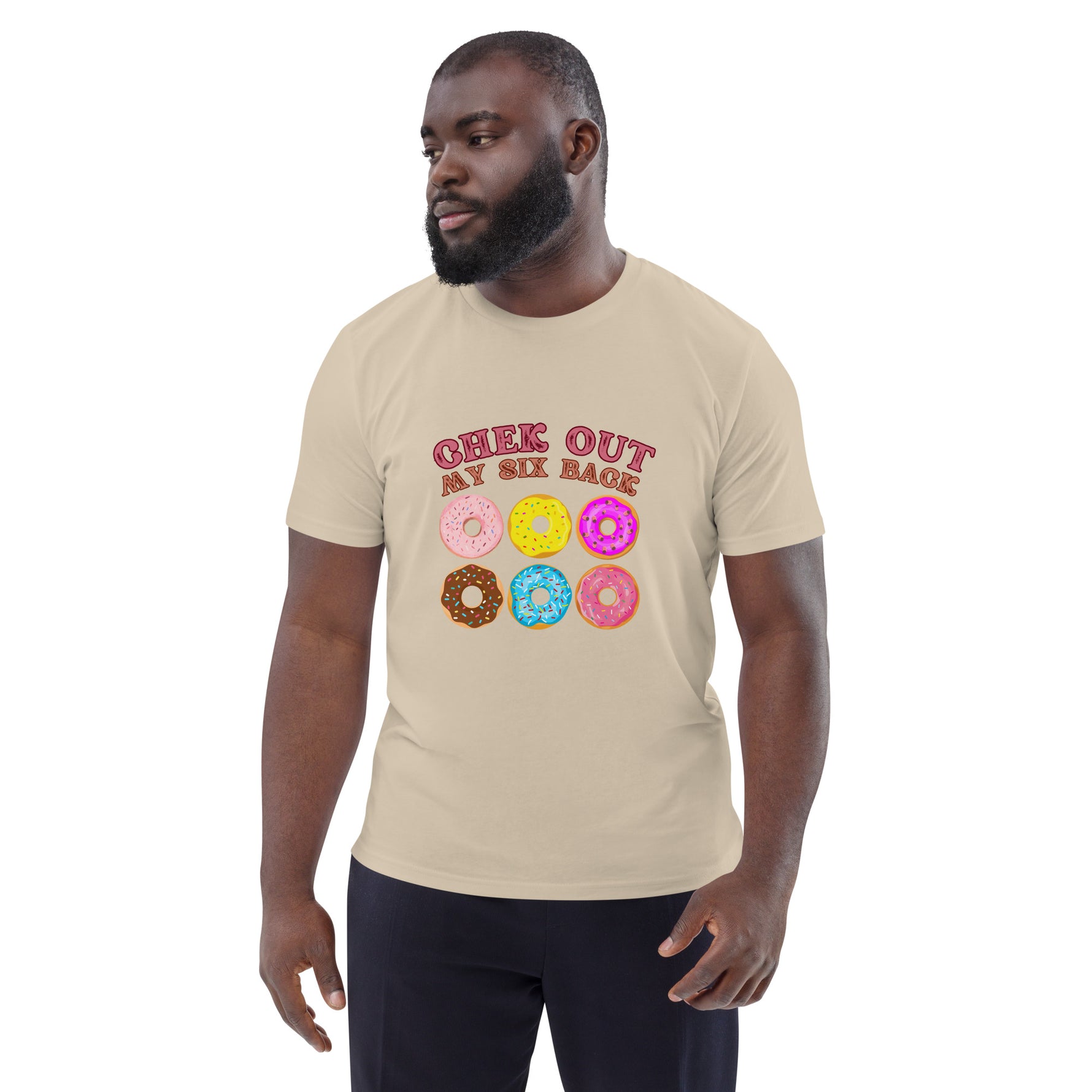 Man wearing a beige t-shirt with fishing graphic and text on a white background