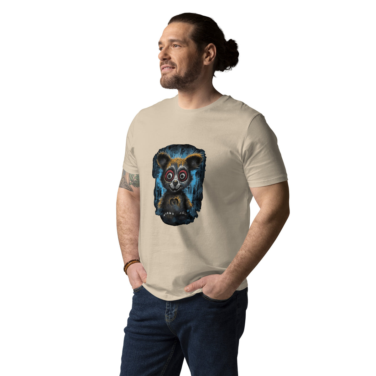 Man wearing a beige t-shirt with a graphic design on a white background