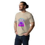 Man wearing a beige t-shirt with a colorful graphic design on a white background