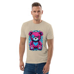 Man wearing a beige t-shirt with a colorful bear graphic on a white background
