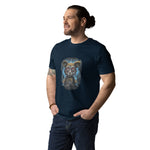 Man wearing a navy blue t-shirt with a graphic design on a white background