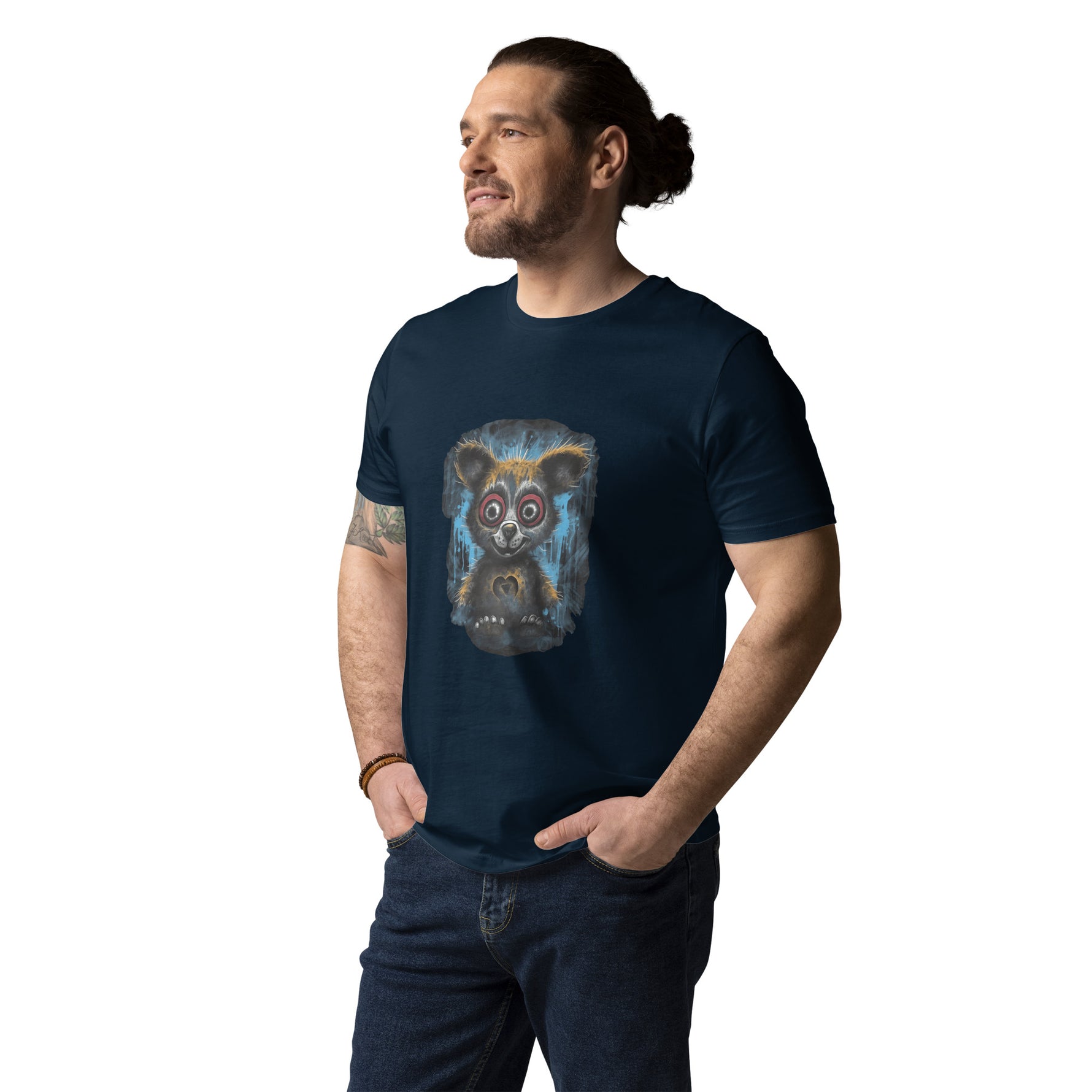 Man wearing a navy blue t-shirt with a graphic design on a white background