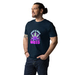 Man wearing a navy blue t-shirt with a colorful graphic design on a white background