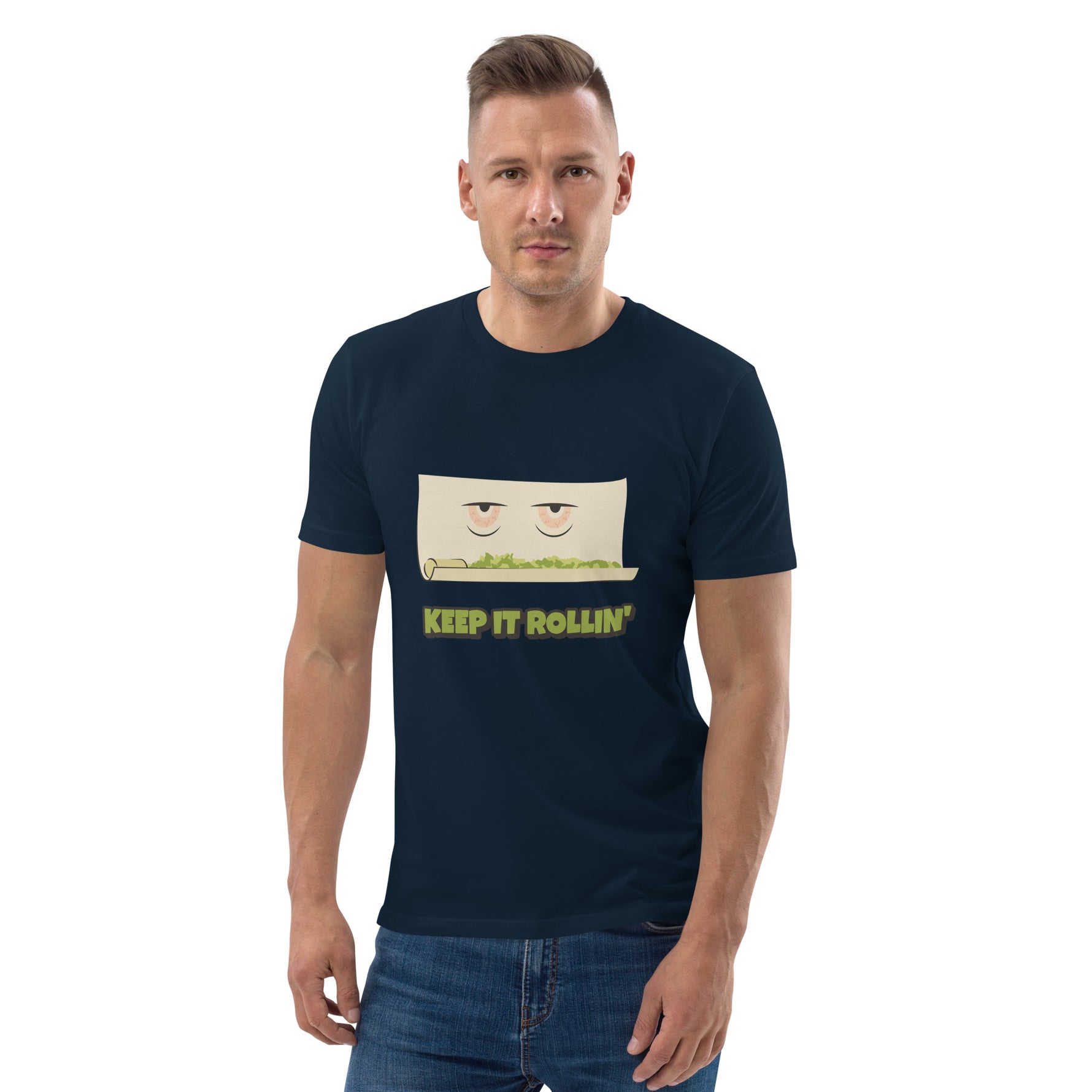 Man wearing a navy blue t-shirt with a graphic design and text on a white background