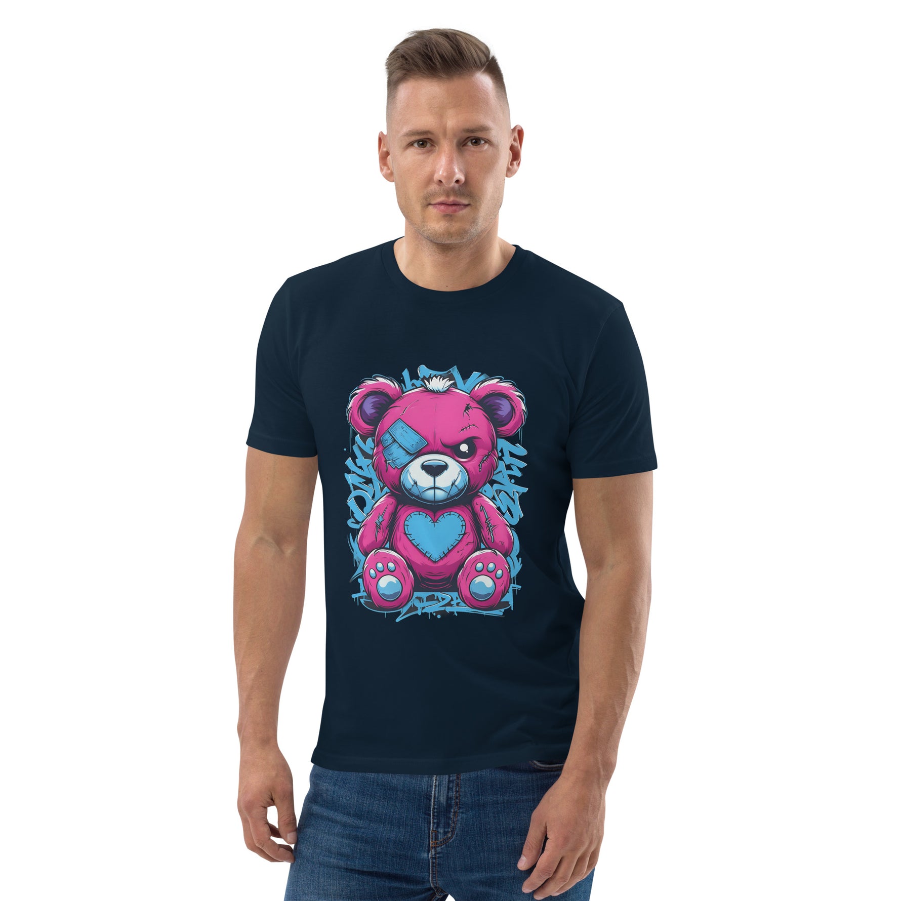 Man wearing a black t-shirt with a colorful bear graphic on a white background