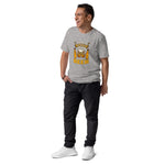 Man wearing a gray t-shirt with a graphic design on a white background