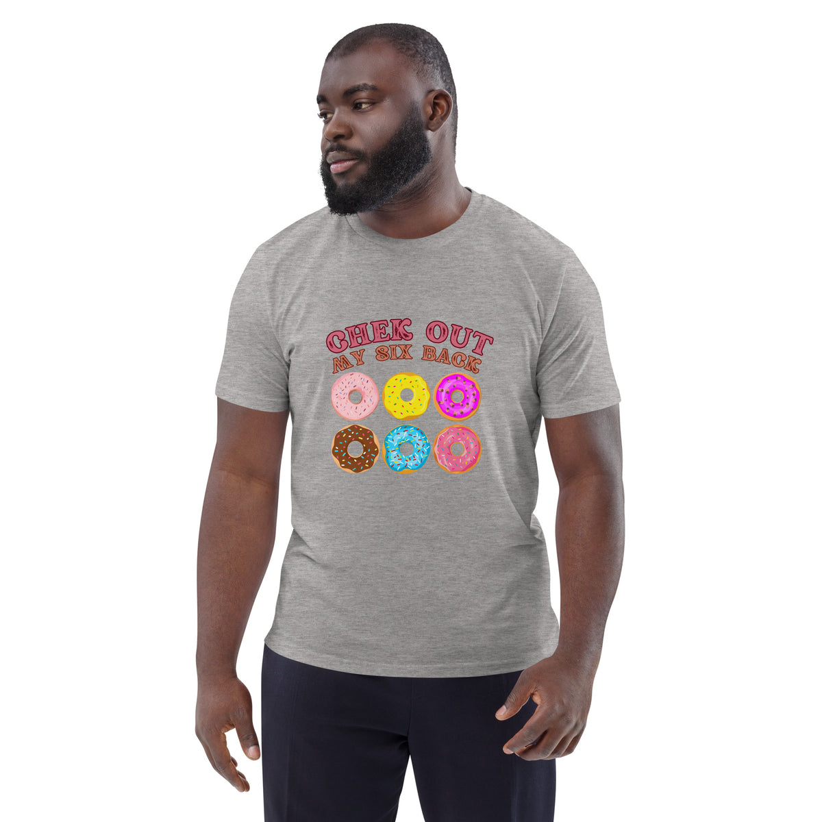 Man wearing a gray t-shirt with colorful donut graphics and text.