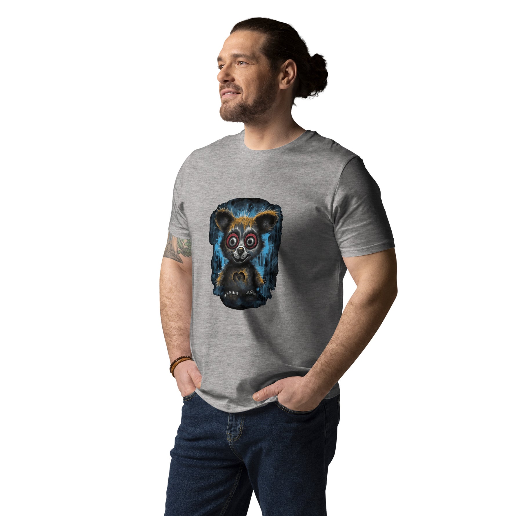 Man wearing a gray t-shirt with a warning graphic and text on a white background