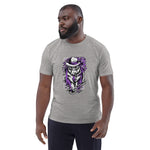 Man wearing a gray t-shirt with a graphic design on a white background