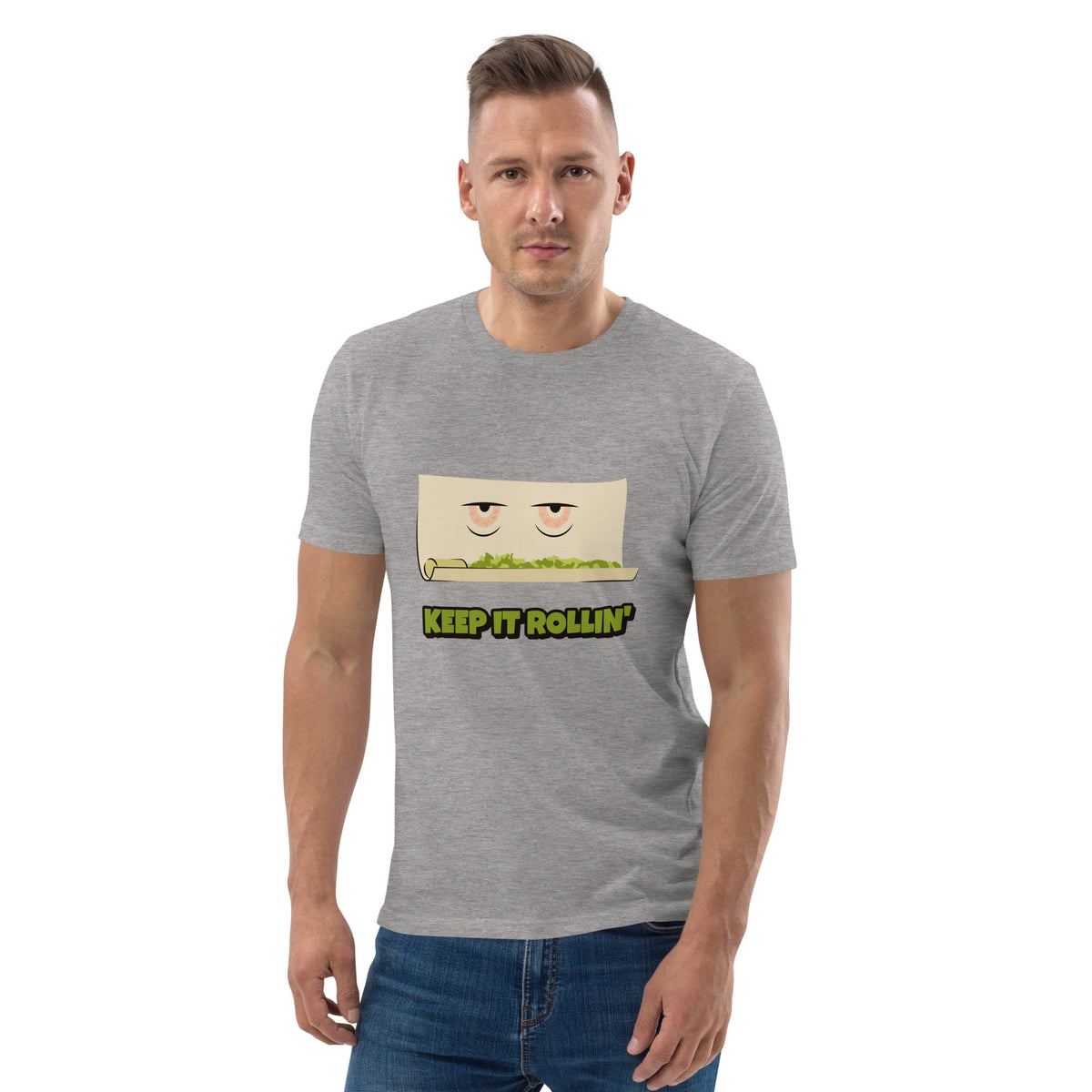 Man wearing a gray t-shirt with a graphic design and text on a white background