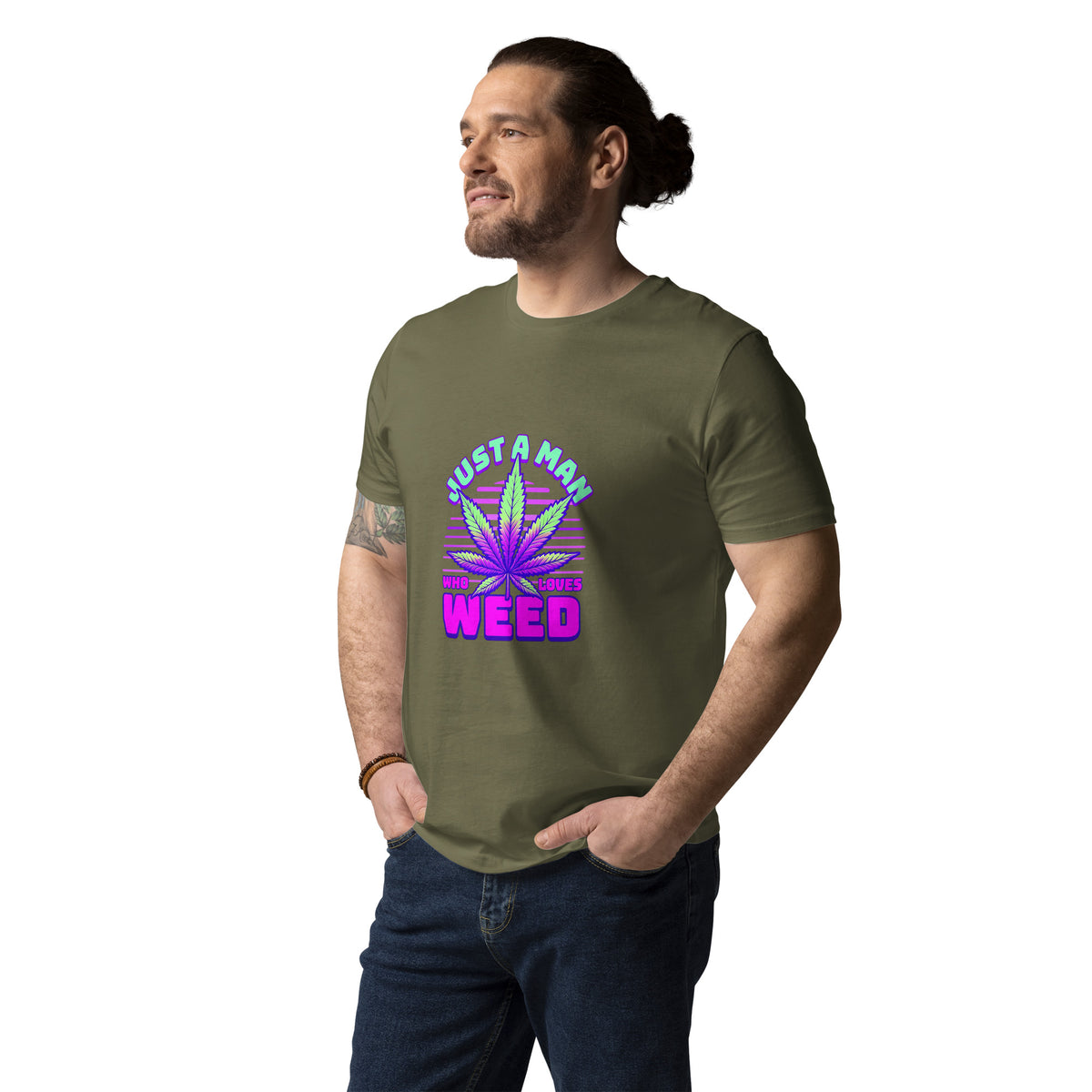 Man wearing a green t-shirt with a colorful graphic design on a white background