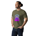 Man wearing a green t-shirt with a colorful graphic design on a white background