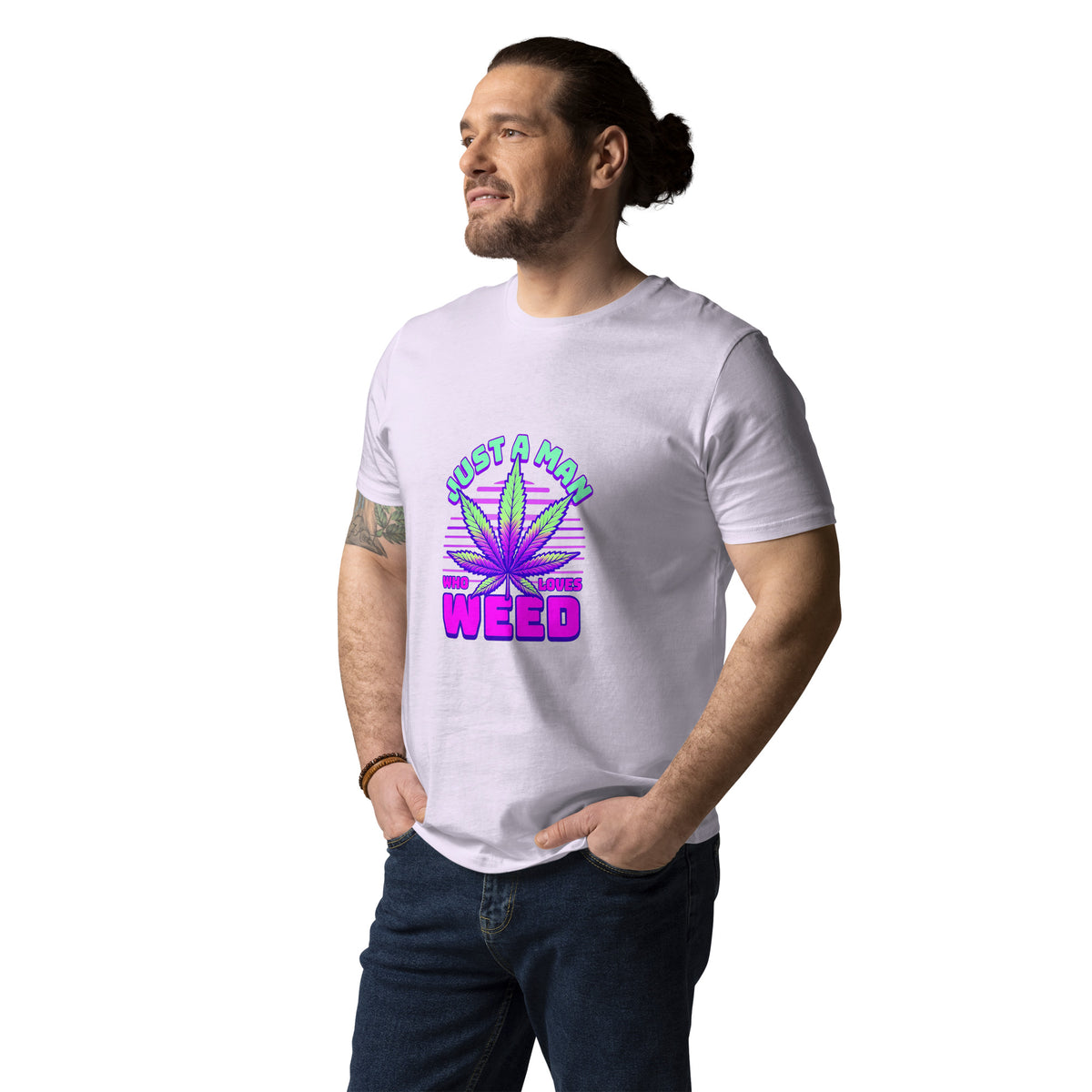 Man wearing a white t-shirt with a colorful cannabis leaf design and text on a white background
