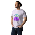 Man wearing a white t-shirt with a colorful cannabis leaf design and text on a white background