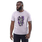 Man wearing a beige t-shirt with a cat graphic on a white background