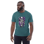 Man wearing a teal t-shirt with a cat graphic and text on a white background