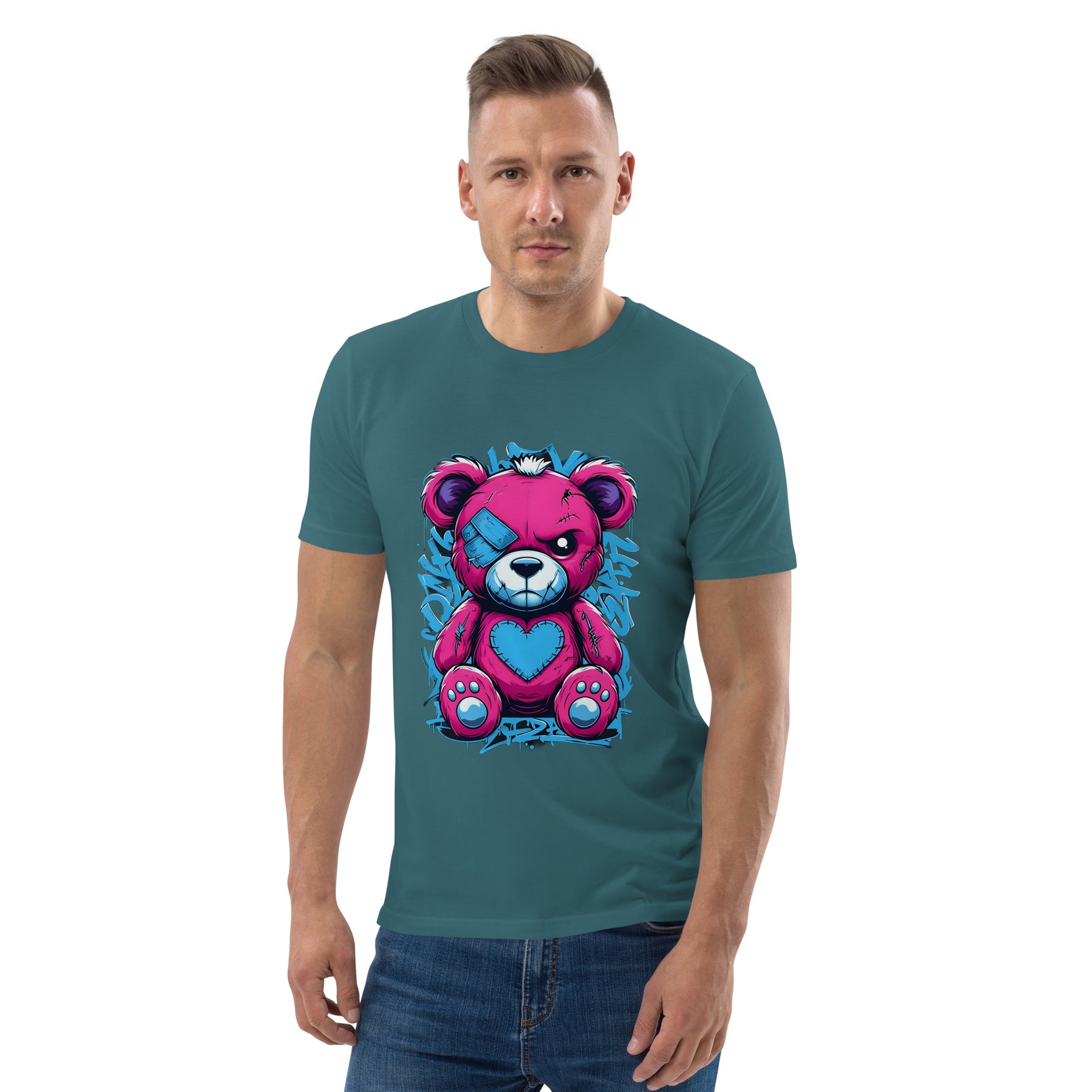 Man wearing a teal t-shirt with a colorful bear graphic on a white background