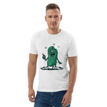 Man wearing a white t-shirt with a green pickle graphic design on a white background