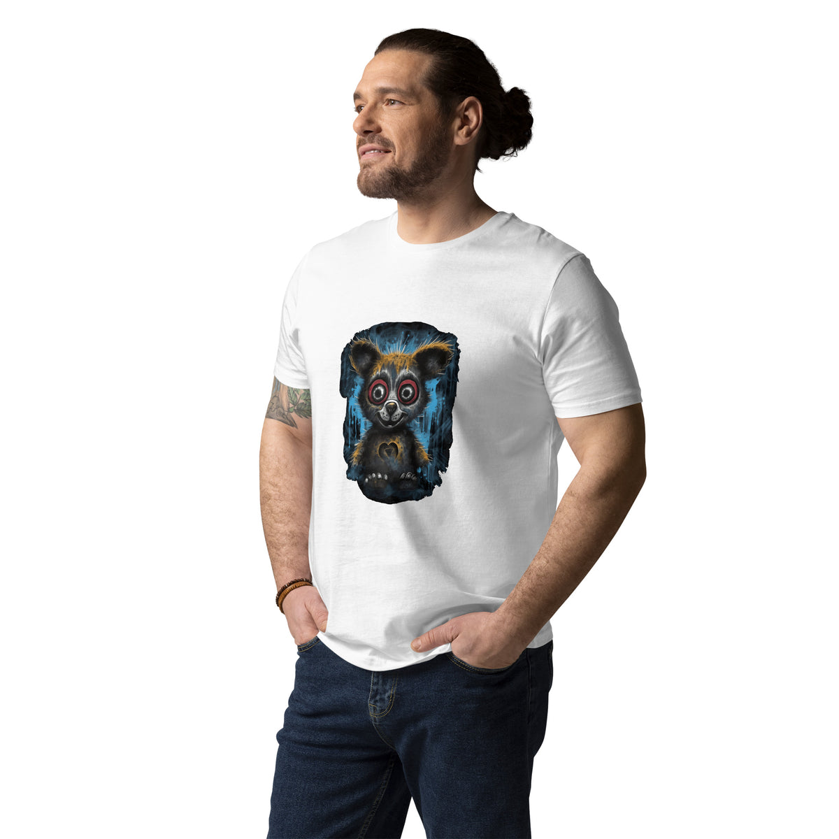 Man wearing a white t-shirt with a graphic design on a white background