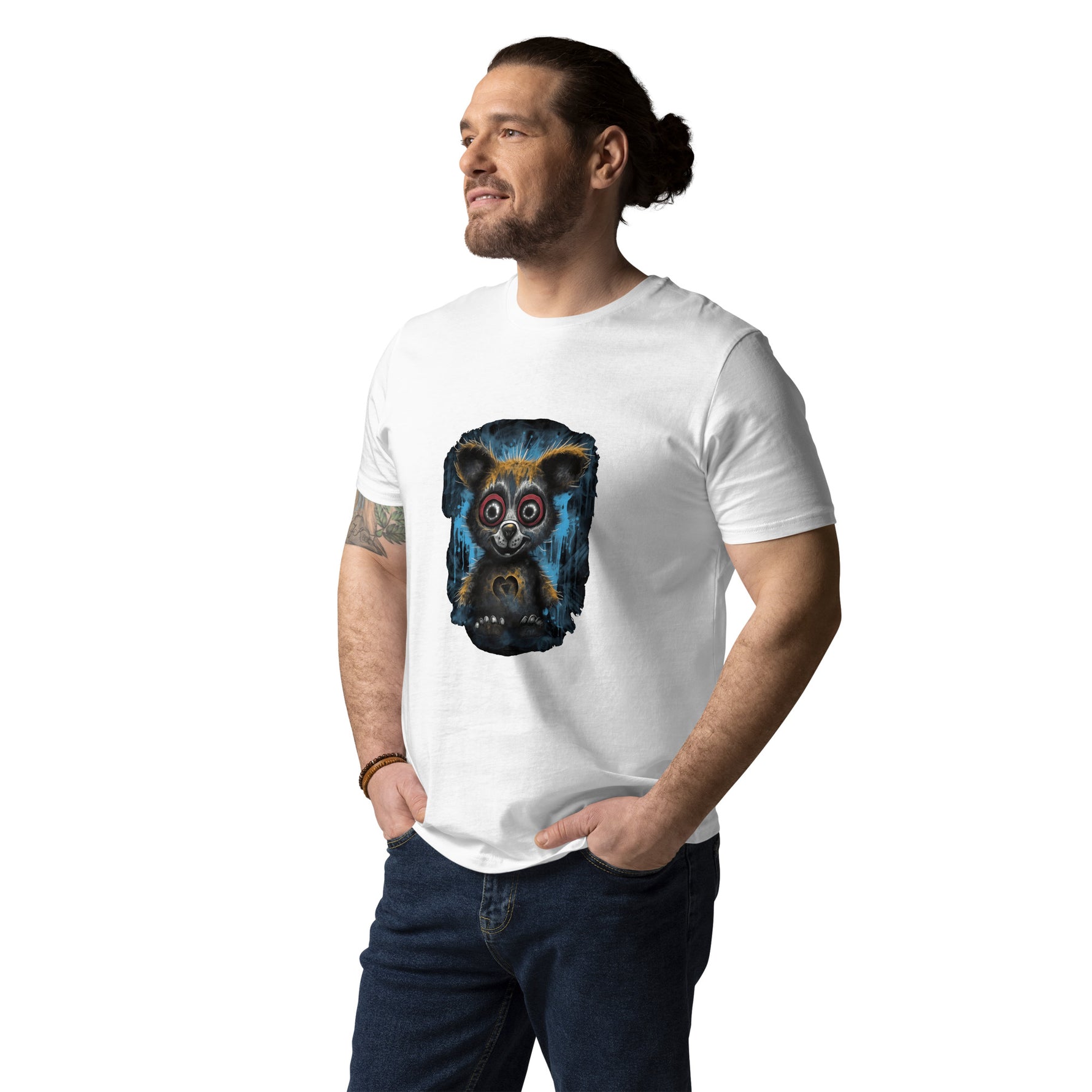 Man wearing a white t-shirt with a graphic design on a white background