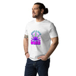 Man wearing a white t-shirt with text and an eye graphic on a white background