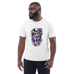 Man wearing a white t-shirt with a green snake design on a white background