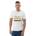 Man wearing a white t-shirt with a graphic design and text on a white background