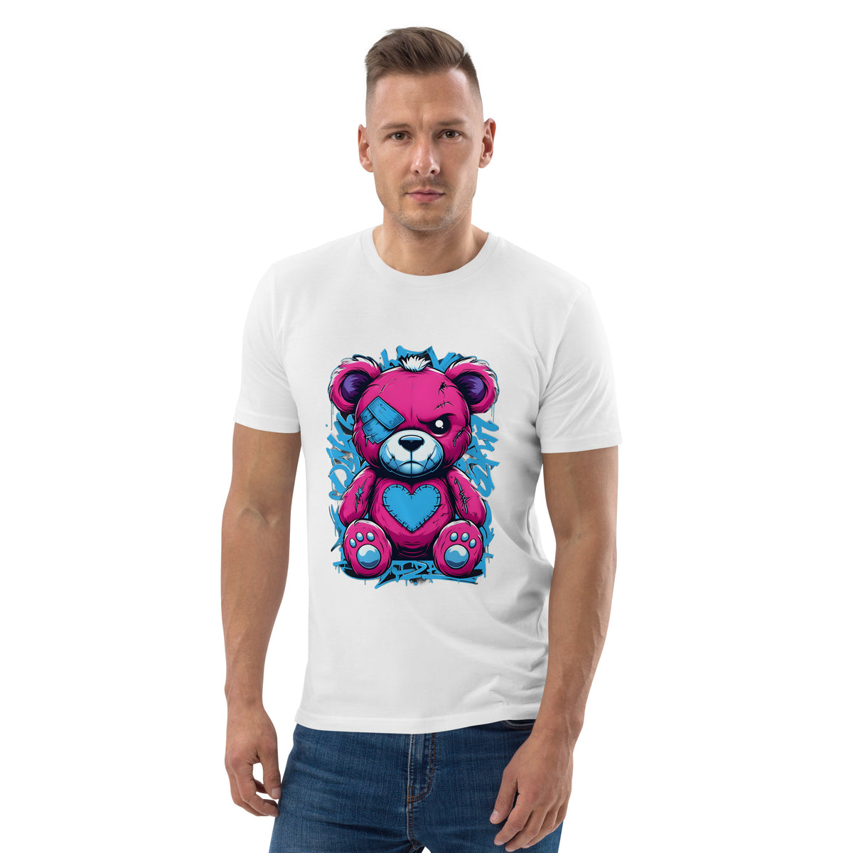 Man wearing a white t-shirt with a colorful bear graphic design on a white background