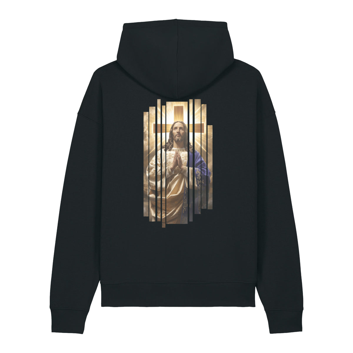 A black pullover hoodie shown from the back, featuring a large graphic print of Jesus Christ in a gold robe and blue cloak behind a cross.