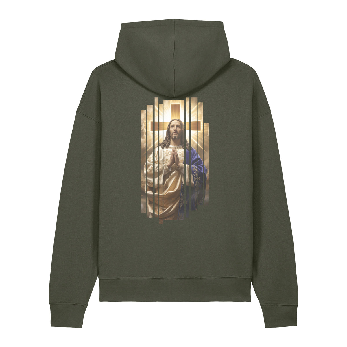 An olive green Stanley/Stella pullover hoodie shown from the back, featuring a large graphic print of Jesus Christ with a cross and gold-toned vertical bars.