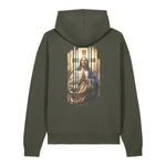 An olive green Stanley/Stella pullover hoodie shown from the back, featuring a large graphic print of Jesus Christ with a cross and gold-toned vertical bars.
