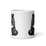 White mug with cartoon cat design on a white background