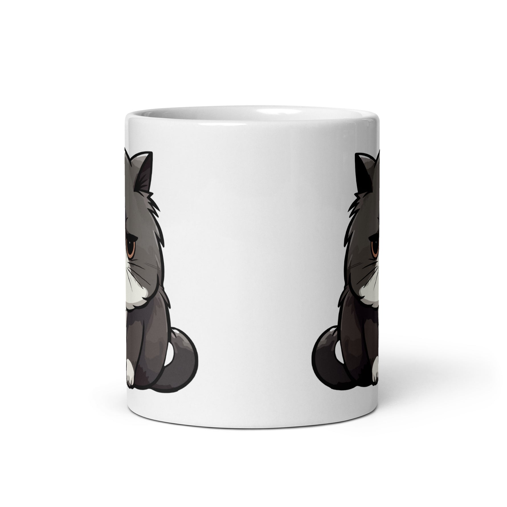 White mug with cartoon cat design on a white background