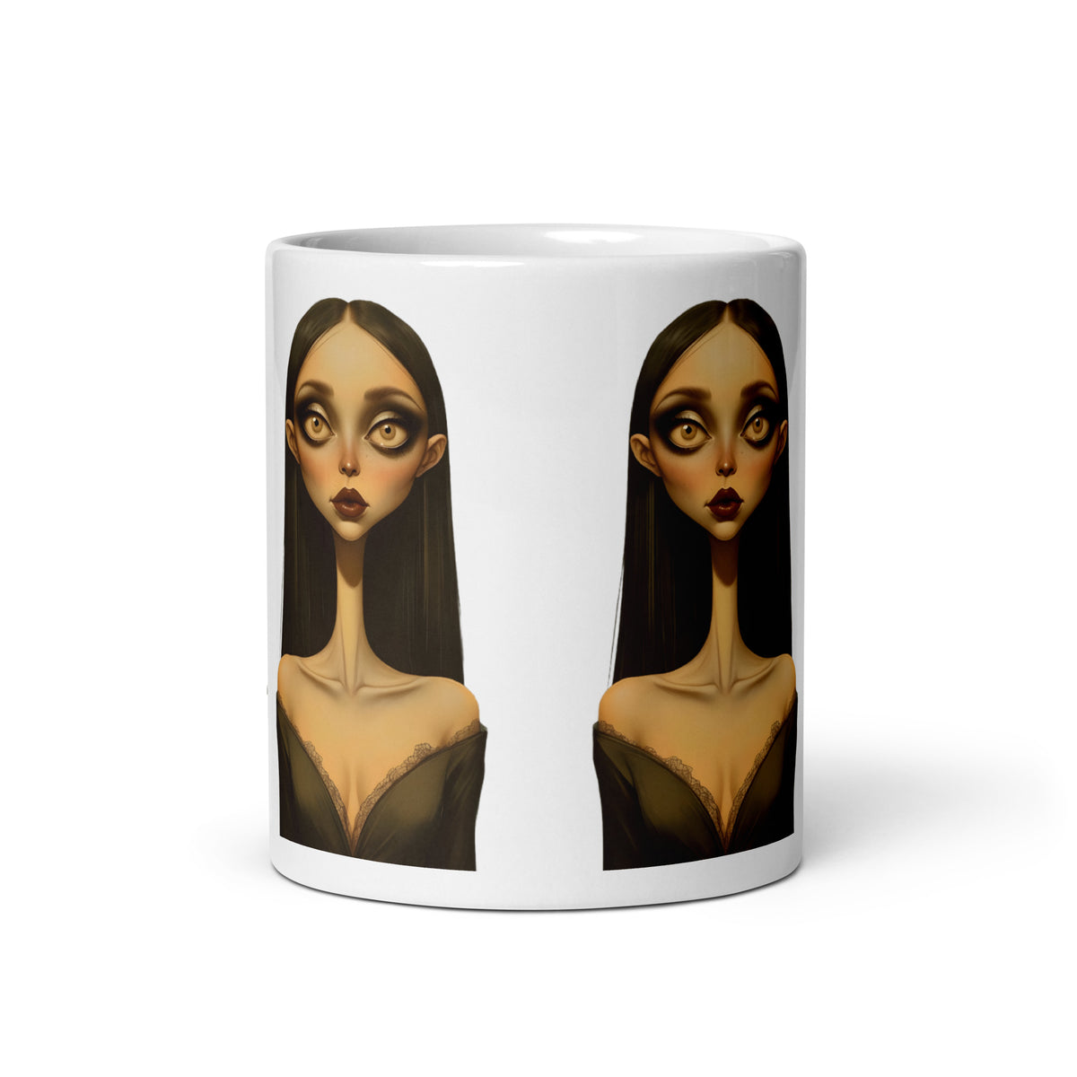 Mug with artistic depiction of a face on a white background