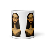 Mug with artistic depiction of a face on a white background