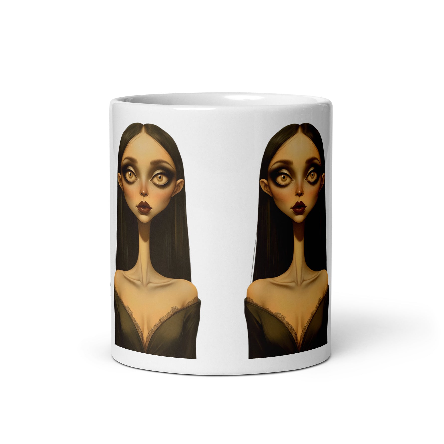 Mug with artistic depiction of a face on a white background