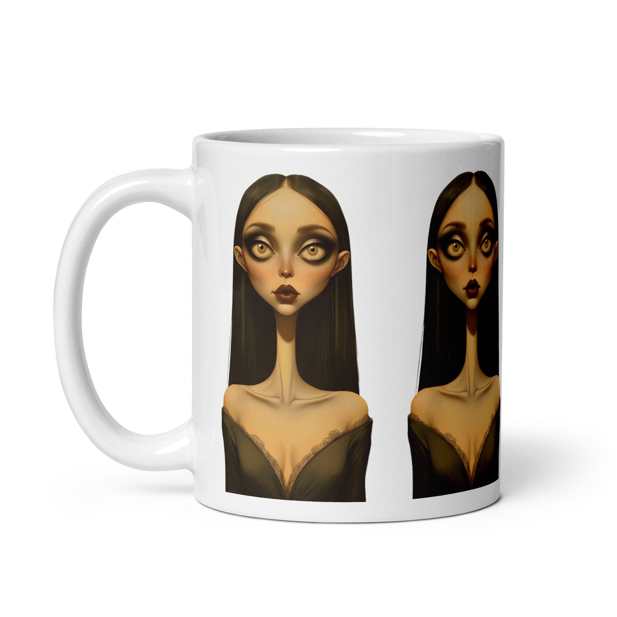 White mug with a graphic design of a stylized face on a white background