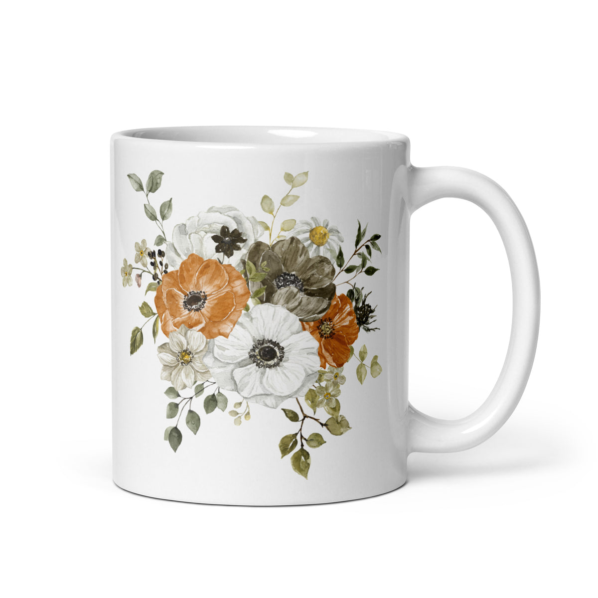 White mug with floral design on a white background